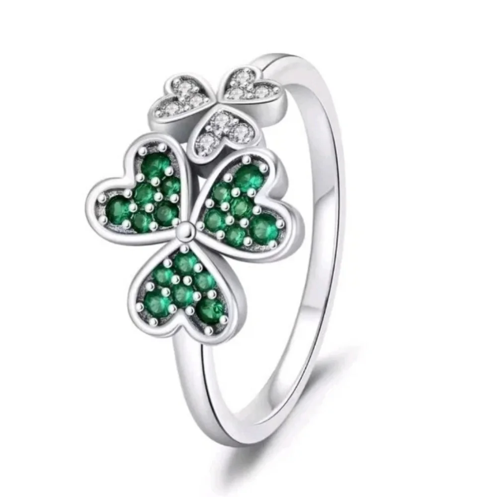 St Patrick Shamrock Irish Green CZ Flower Lucky Clover Ring 925 Sterling Silver
